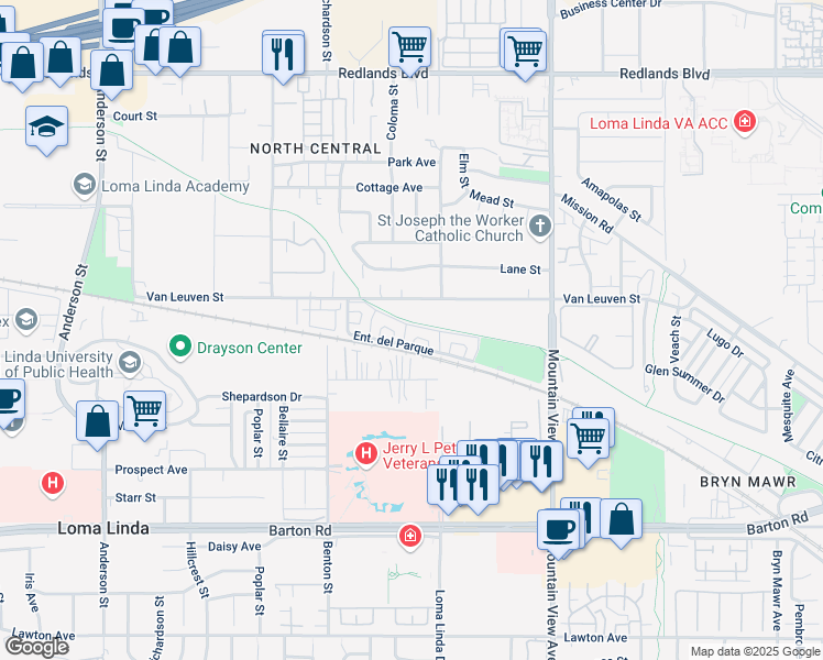 map of restaurants, bars, coffee shops, grocery stores, and more near 25446 Sonora Loop in Loma Linda