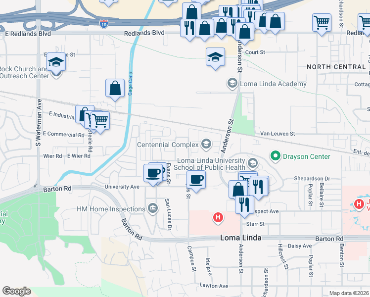 map of restaurants, bars, coffee shops, grocery stores, and more near 10944 Campus Street in Loma Linda