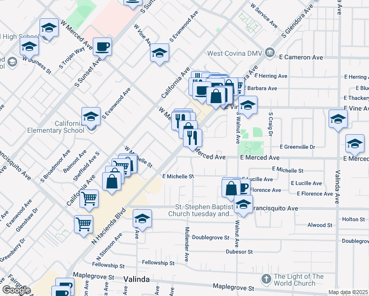 map of restaurants, bars, coffee shops, grocery stores, and more near 1222 South Glendora Avenue in West Covina