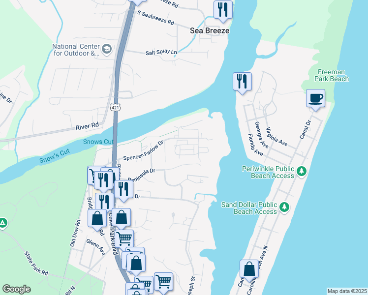 map of restaurants, bars, coffee shops, grocery stores, and more near 233 Silver Sloop Way in Carolina Beach