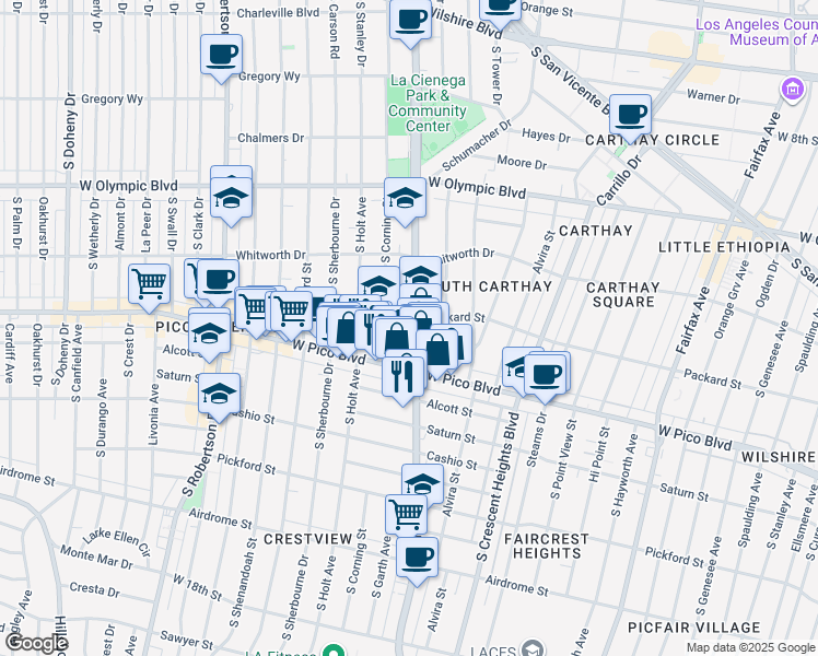 map of restaurants, bars, coffee shops, grocery stores, and more near 1240 South Corning Street in Los Angeles