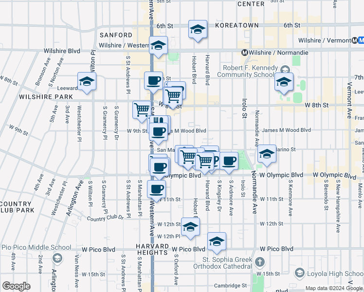 map of restaurants, bars, coffee shops, grocery stores, and more near 934 1/2 South Serrano Avenue in Los Angeles