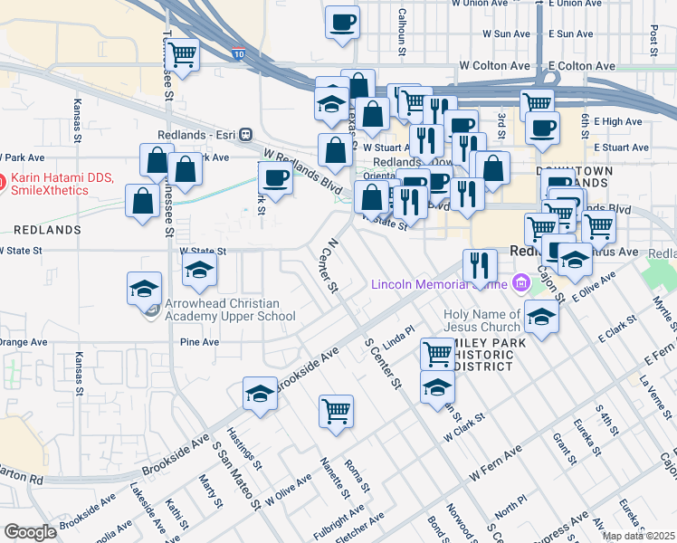 map of restaurants, bars, coffee shops, grocery stores, and more near 82 North Center Street in Redlands
