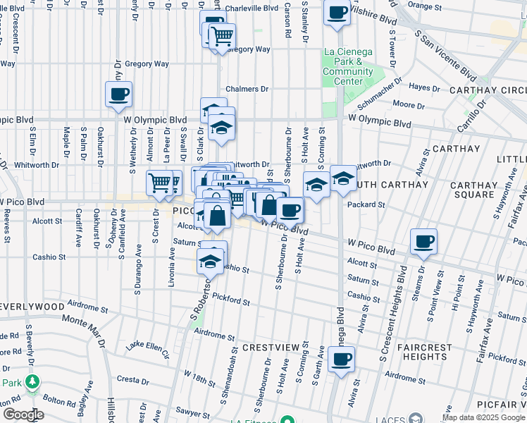 map of restaurants, bars, coffee shops, grocery stores, and more near 8687 West Pico Boulevard in Los Angeles