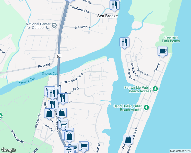 map of restaurants, bars, coffee shops, grocery stores, and more near 233 Silver Sloop Way in Carolina Beach