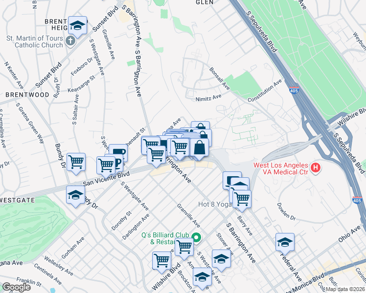 map of restaurants, bars, coffee shops, grocery stores, and more near 11634 Gorham Avenue in Los Angeles