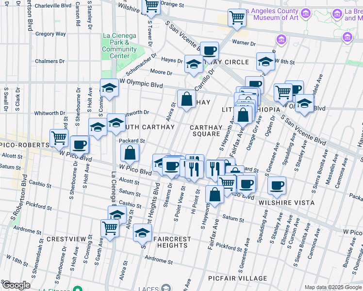 map of restaurants, bars, coffee shops, grocery stores, and more near 1161 Stearns Drive in Los Angeles