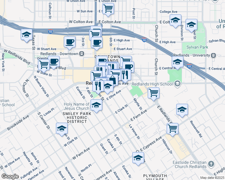 map of restaurants, bars, coffee shops, grocery stores, and more near 101 East Olive Avenue in Redlands