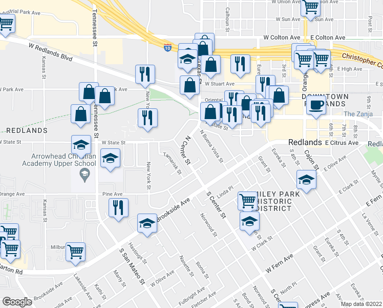 map of restaurants, bars, coffee shops, grocery stores, and more near 70 North Center Street in Redlands