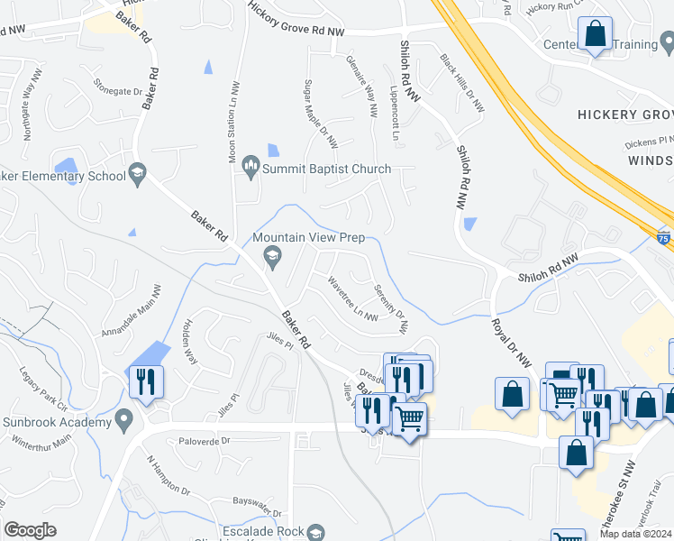 map of restaurants, bars, coffee shops, grocery stores, and more near 3724 Wavetree Pass Northwest in Acworth