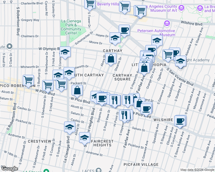 map of restaurants, bars, coffee shops, grocery stores, and more near 1161 Stearns Drive in Los Angeles