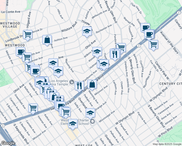 map of restaurants, bars, coffee shops, grocery stores, and more near 1677 Westholme Avenue in Los Angeles