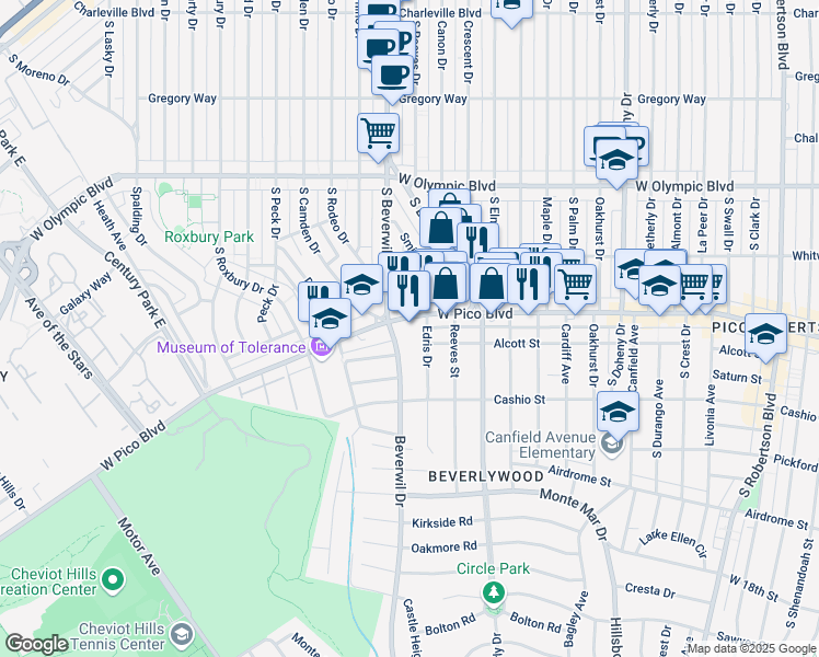 map of restaurants, bars, coffee shops, grocery stores, and more near 1417 Edris Drive in Los Angeles