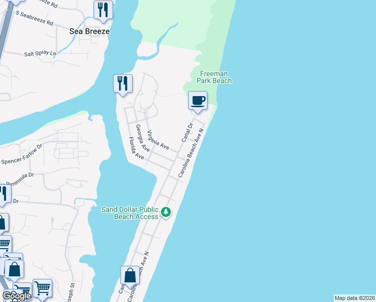 map of restaurants, bars, coffee shops, grocery stores, and more near 1607 Carolina Beach Avenue North in Carolina Beach