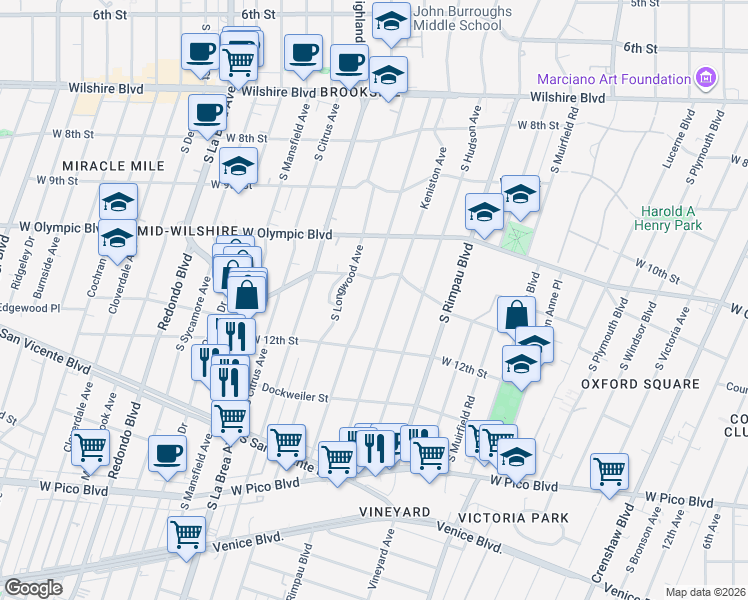 map of restaurants, bars, coffee shops, grocery stores, and more near 1132 South Tremaine Avenue in Los Angeles