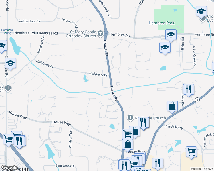 map of restaurants, bars, coffee shops, grocery stores, and more near 11310 Houze Road in Roswell