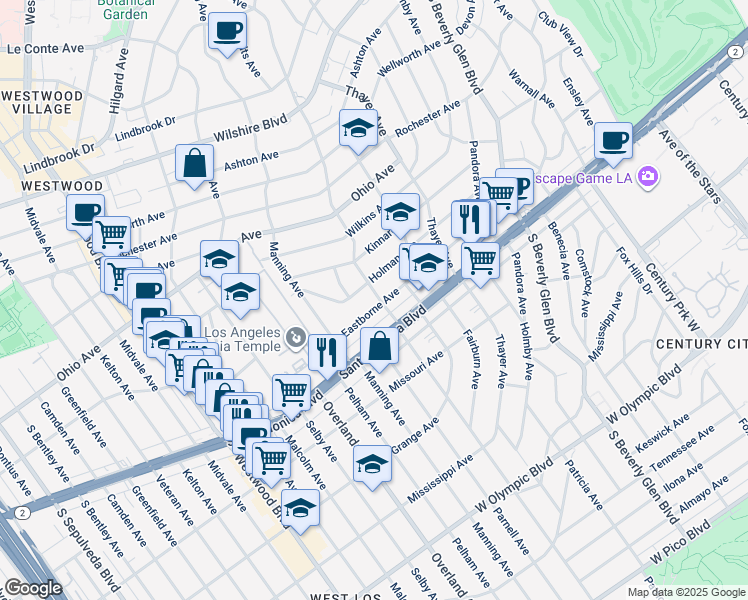map of restaurants, bars, coffee shops, grocery stores, and more near 1677 Westholme Avenue in Los Angeles
