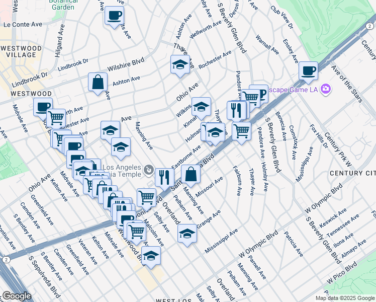 map of restaurants, bars, coffee shops, grocery stores, and more near 10617 Eastborne Avenue in Los Angeles