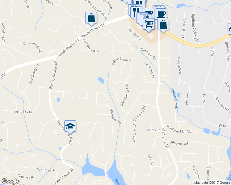 map of restaurants, bars, coffee shops, grocery stores, and more near 4304 Rocky Glen Northeast in Roswell