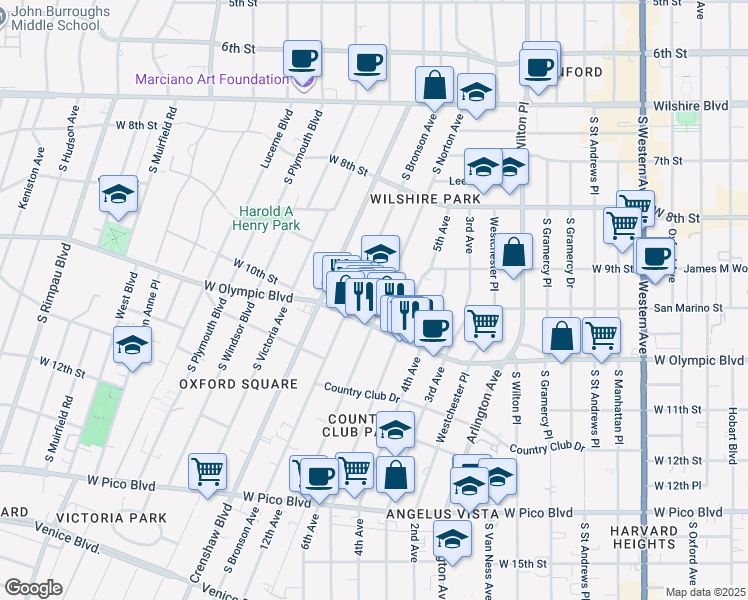 map of restaurants, bars, coffee shops, grocery stores, and more near 933 South Norton Avenue in Los Angeles