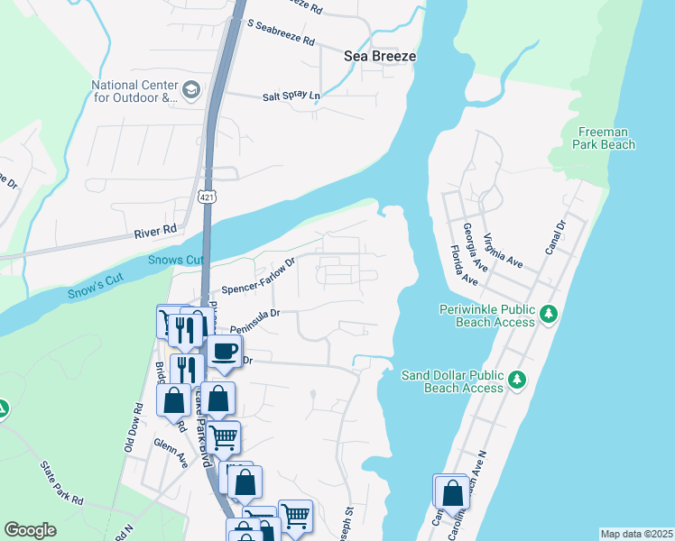 map of restaurants, bars, coffee shops, grocery stores, and more near 211 Silver Sloop Way in Carolina Beach