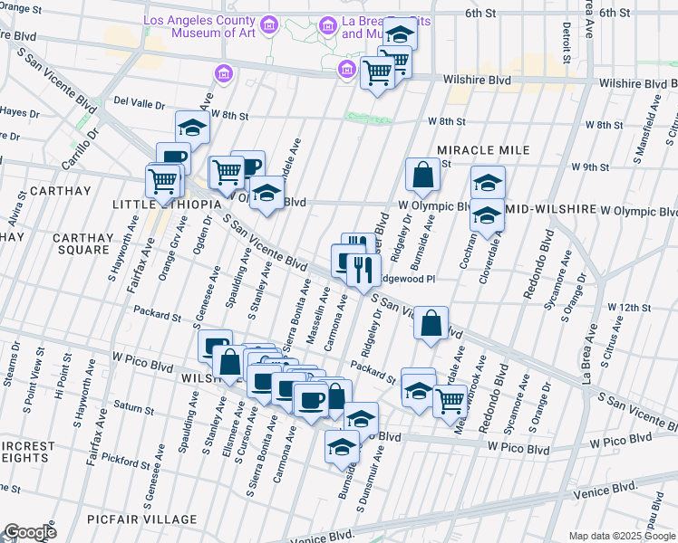 map of restaurants, bars, coffee shops, grocery stores, and more near 5669 West San Vicente Boulevard in Los Angeles