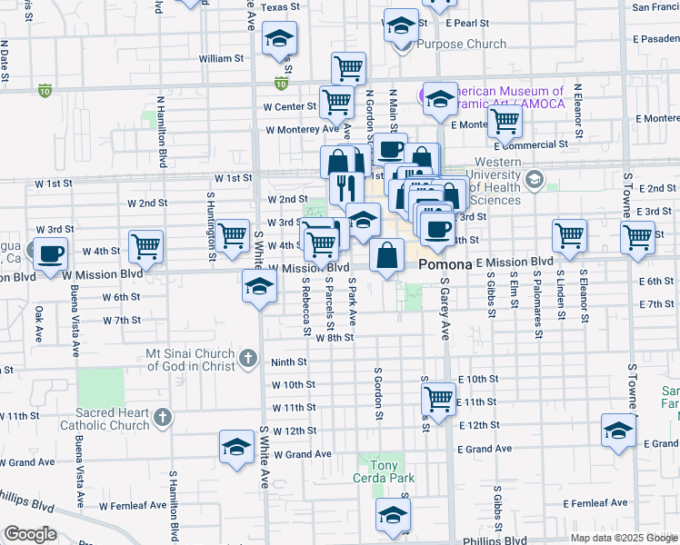 map of restaurants, bars, coffee shops, grocery stores, and more near 510 West Mission Boulevard in Pomona