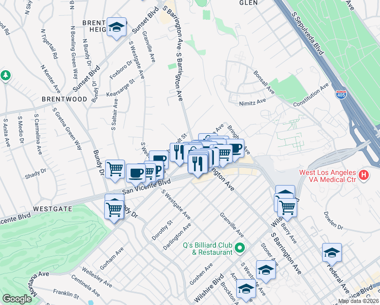 map of restaurants, bars, coffee shops, grocery stores, and more near 11717 Montana Avenue in Los Angeles