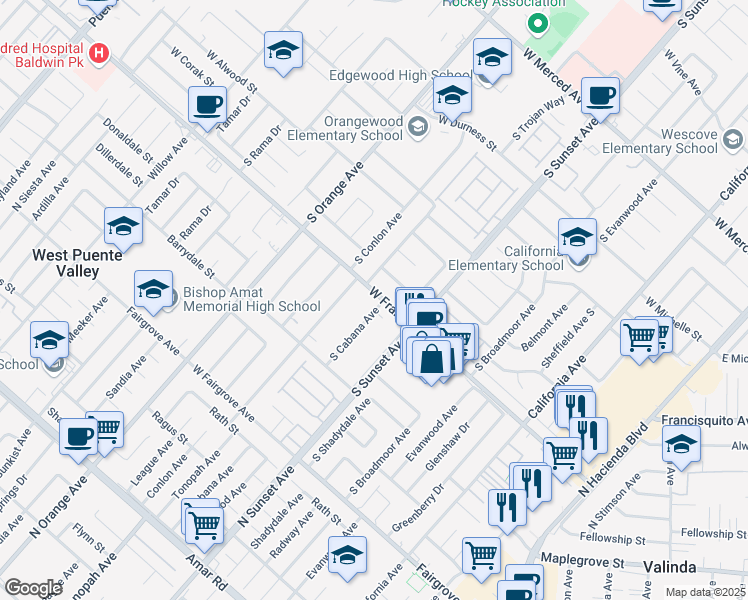 map of restaurants, bars, coffee shops, grocery stores, and more near 1705 South Cabana Avenue in West Covina