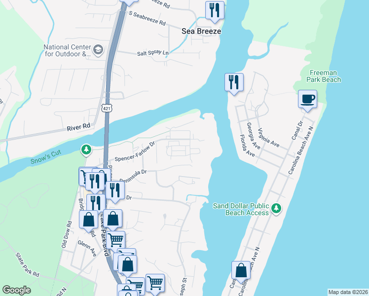 map of restaurants, bars, coffee shops, grocery stores, and more near 201 Silver Sloop Way in Carolina Beach