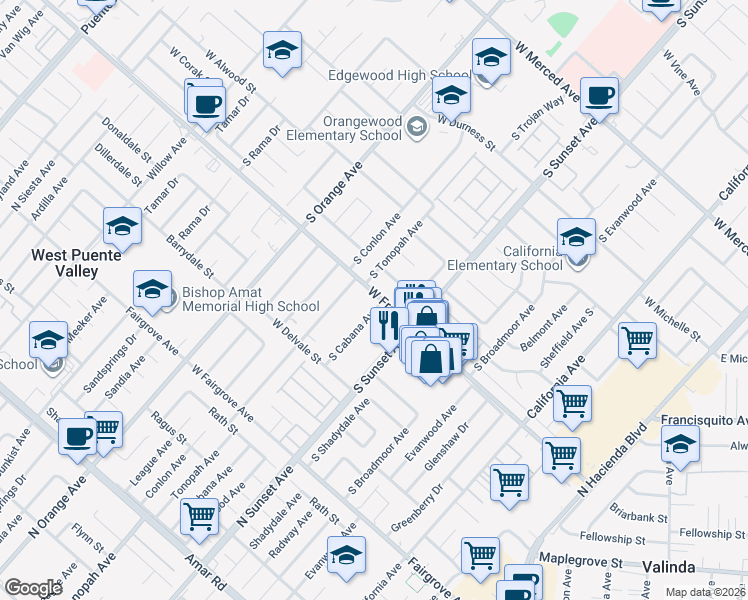 map of restaurants, bars, coffee shops, grocery stores, and more near 1705 South Cabana Avenue in West Covina