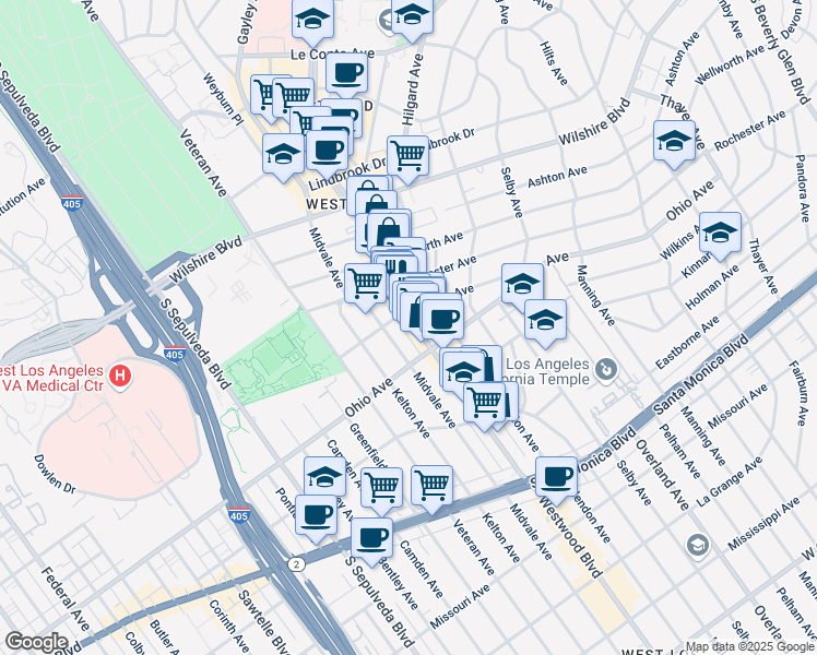 map of restaurants, bars, coffee shops, grocery stores, and more near 1435 Westwood Boulevard in Los Angeles