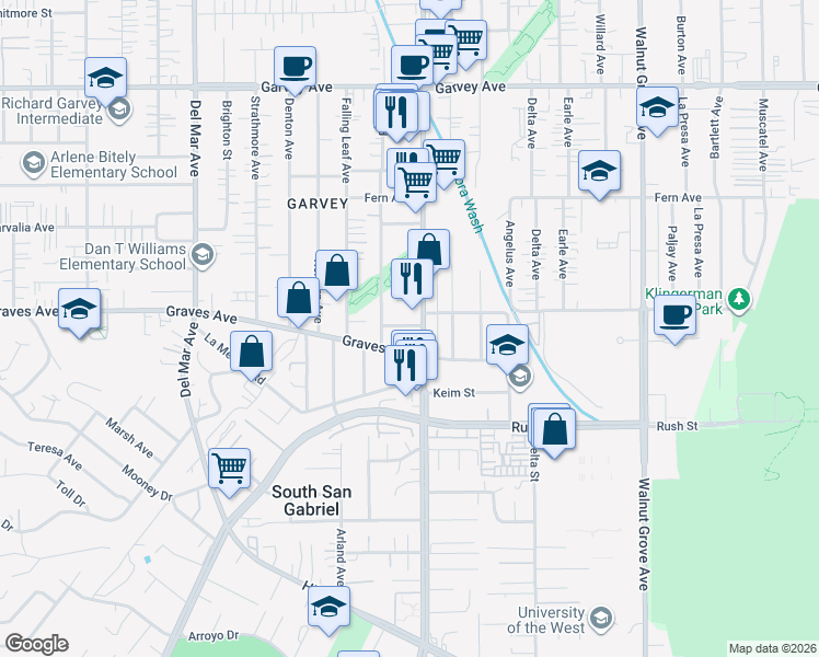 map of restaurants, bars, coffee shops, grocery stores, and more near 2218 North San Gabriel Boulevard in Rosemead