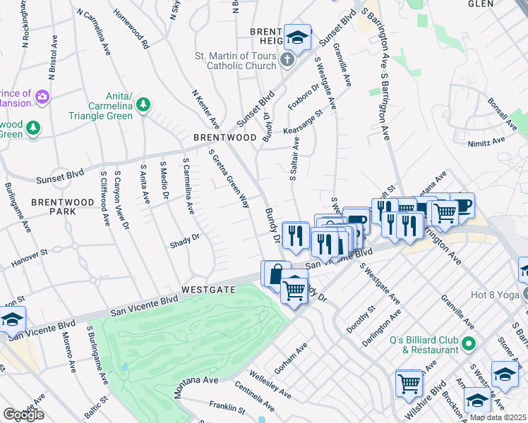 map of restaurants, bars, coffee shops, grocery stores, and more near 433 South Bundy Drive in Los Angeles