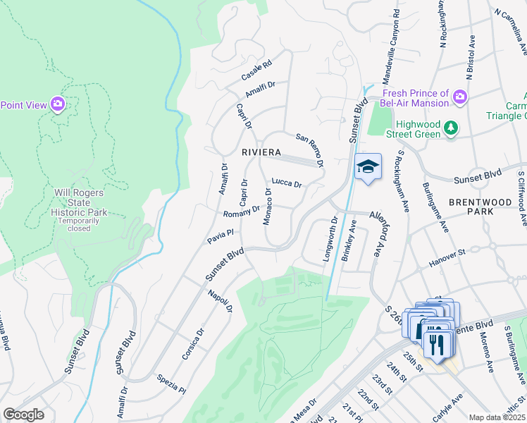 map of restaurants, bars, coffee shops, grocery stores, and more near 1355 Monaco Drive in Los Angeles