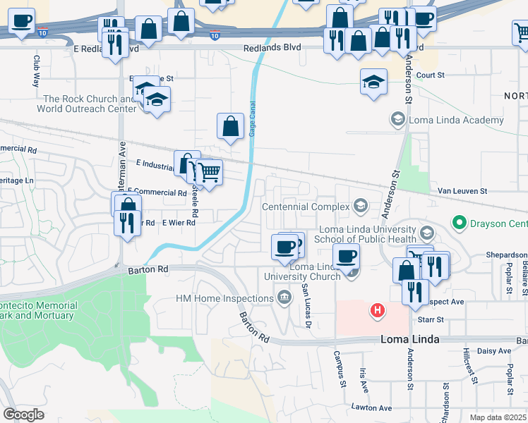 map of restaurants, bars, coffee shops, grocery stores, and more near 24414 University Avenue in Loma Linda