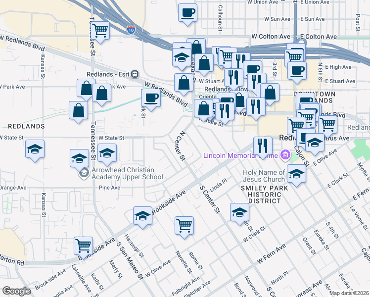map of restaurants, bars, coffee shops, grocery stores, and more near 70 North Center Street in Redlands
