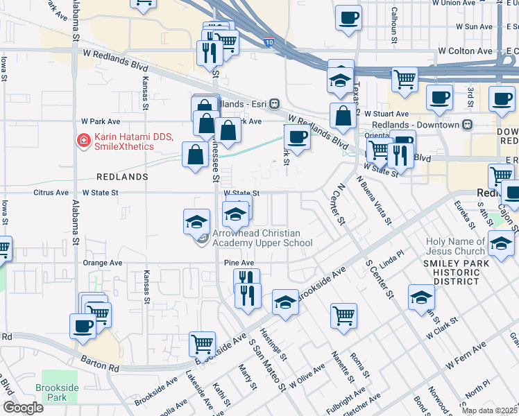 map of restaurants, bars, coffee shops, grocery stores, and more near 1075 West State Street in Redlands