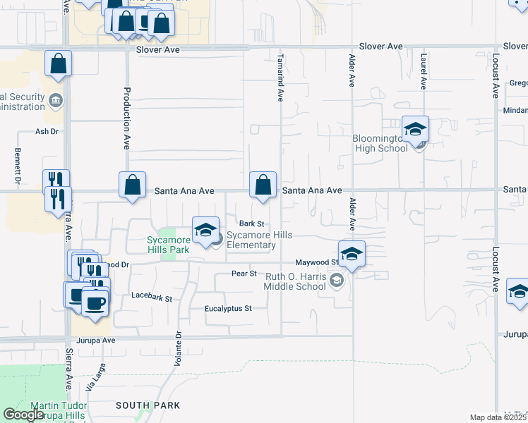 map of restaurants, bars, coffee shops, grocery stores, and more near 10975 Daylilly Street in Fontana
