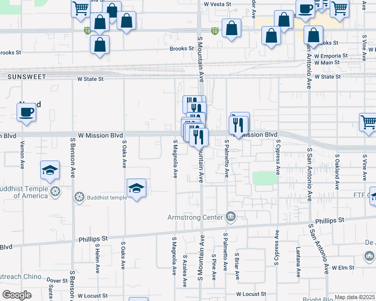 map of restaurants, bars, coffee shops, grocery stores, and more near 852 South Mountain Avenue in Ontario