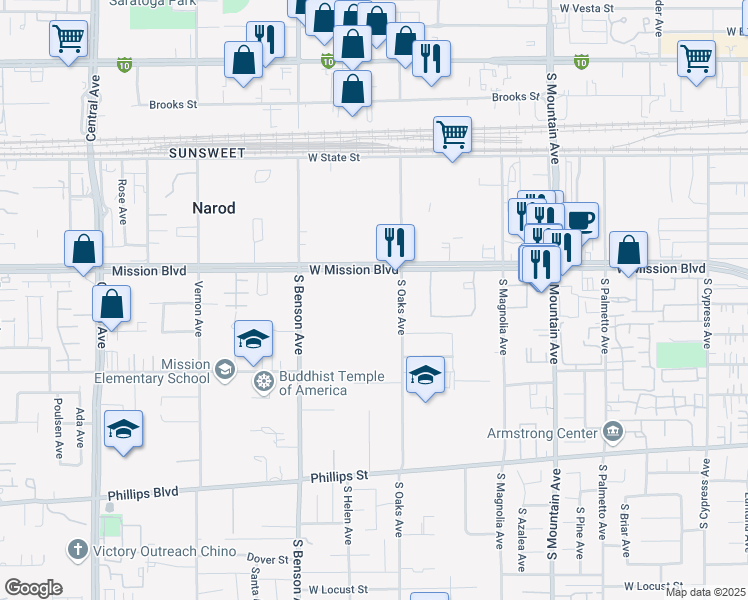 map of restaurants, bars, coffee shops, grocery stores, and more near 1427 West Mission Boulevard in Ontario