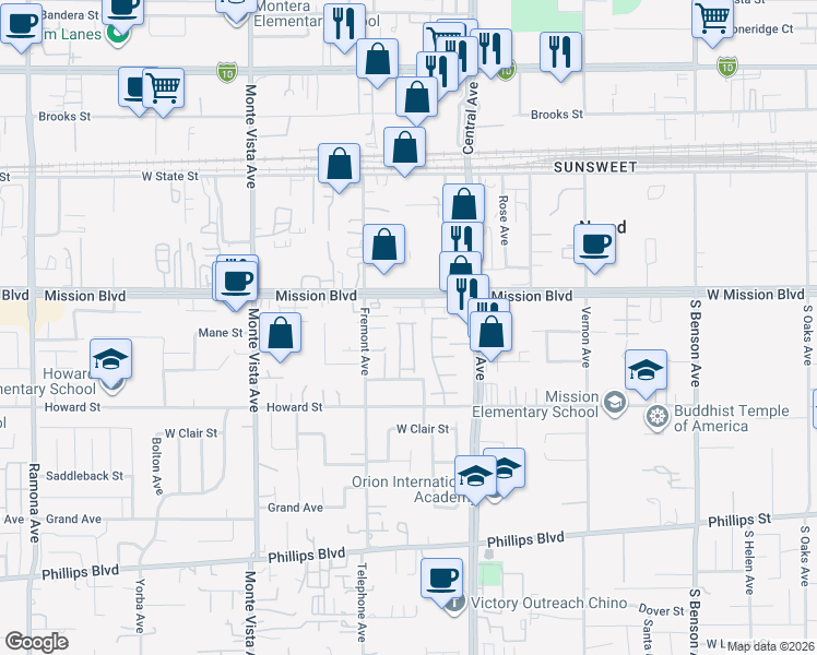 map of restaurants, bars, coffee shops, grocery stores, and more near 10978 Buckingham Way in Montclair