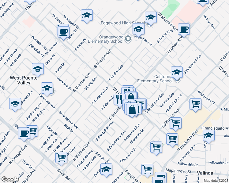 map of restaurants, bars, coffee shops, grocery stores, and more near 1706 South Cabana Avenue in West Covina