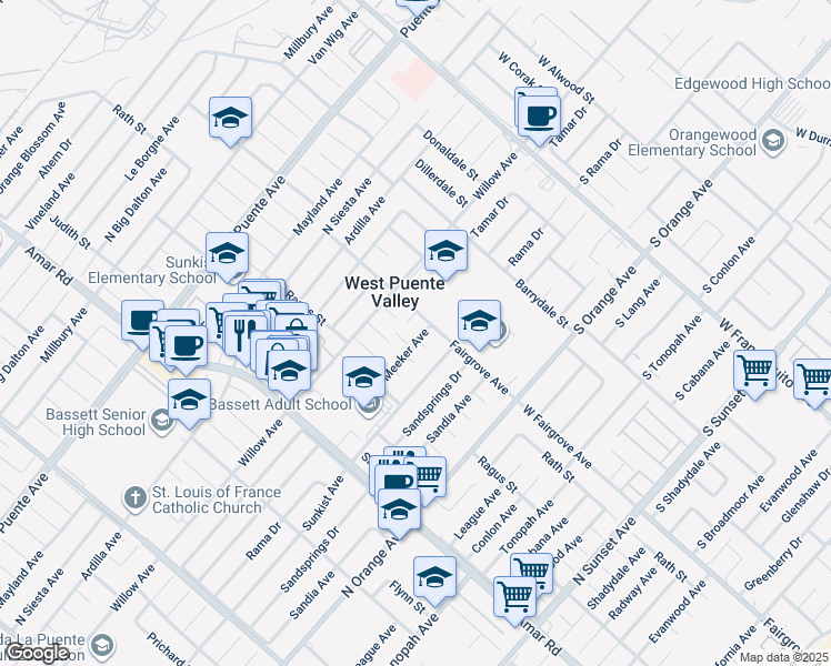 map of restaurants, bars, coffee shops, grocery stores, and more near 14205 Rath Street in La Puente