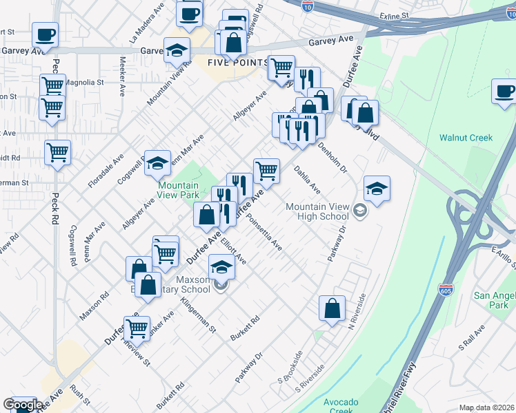 map of restaurants, bars, coffee shops, grocery stores, and more near 2714 Durfee Avenue in El Monte