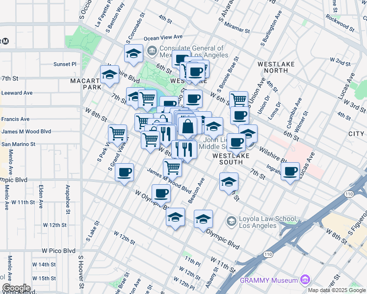 map of restaurants, bars, coffee shops, grocery stores, and more near in Los Angeles