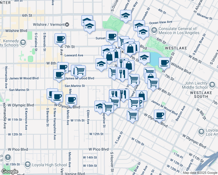 map of restaurants, bars, coffee shops, grocery stores, and more near 930 South Hoover Street in Los Angeles