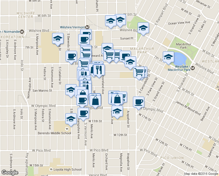 map of restaurants, bars, coffee shops, grocery stores, and more near 936 South Westmoreland Avenue in Los Angeles
