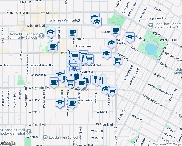 map of restaurants, bars, coffee shops, grocery stores, and more near 936 South Westmoreland Avenue in Los Angeles