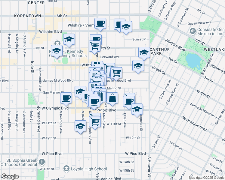 map of restaurants, bars, coffee shops, grocery stores, and more near 938 Menlo Avenue in Los Angeles